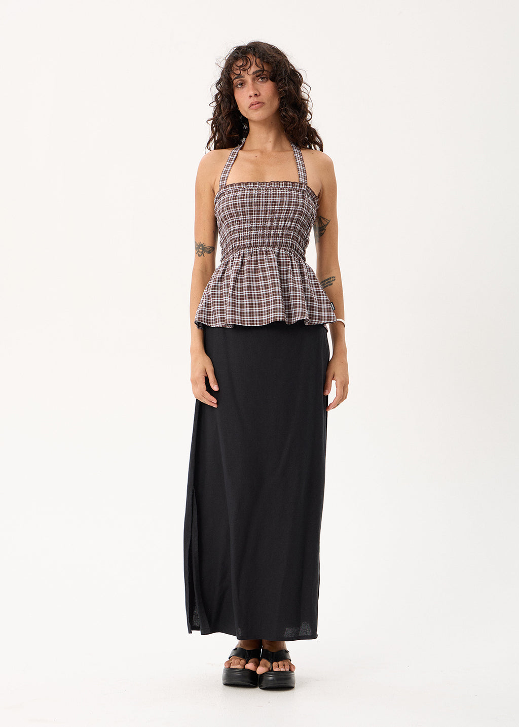 AFENDS Tiff - Strapless Top - Brown / Blue Check