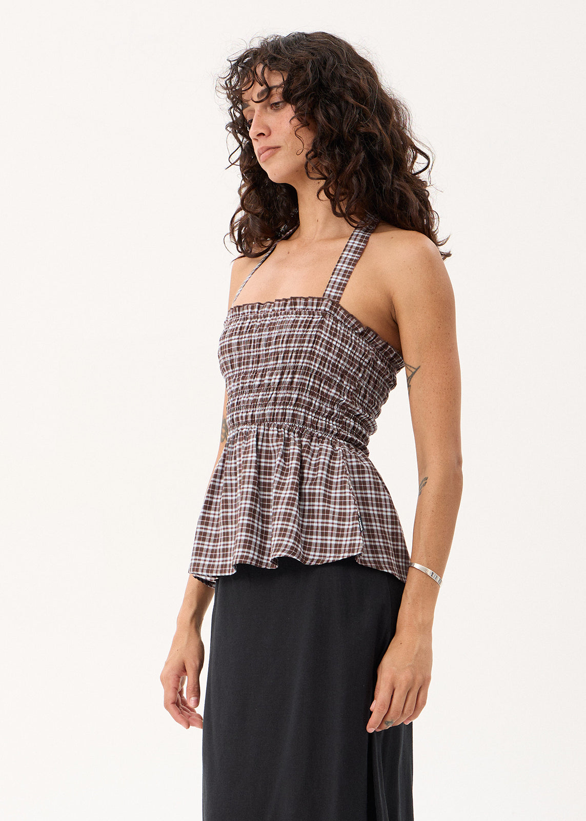 AFENDS Tiff - Strapless Top - Brown / Blue Check