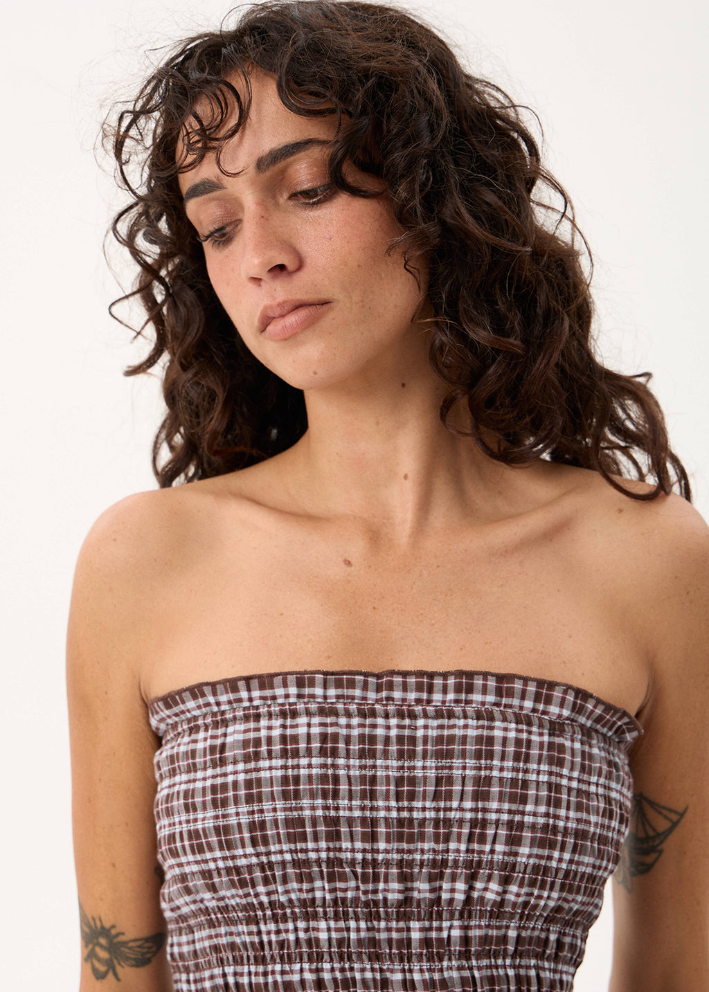 AFENDS Tiff - Strapless Top - Brown / Blue Check