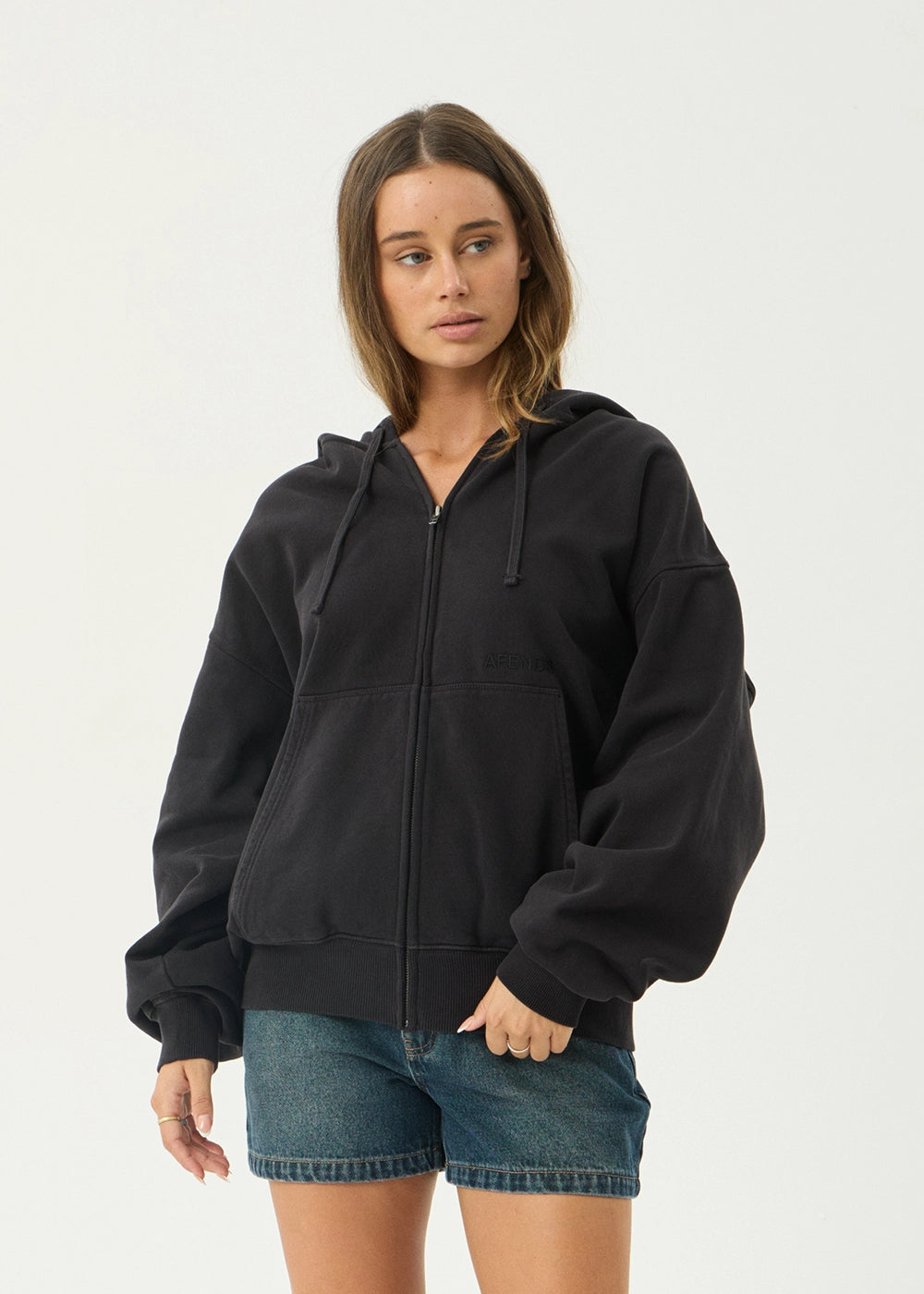 AFENDS Mens Genesis - Boxy Zip Hood - Stone Black