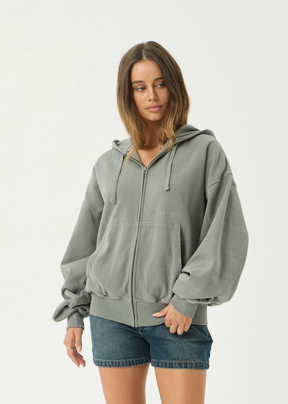 AFENDS Mens Genesis - Boxy Zip Hood - Washed Sycamore