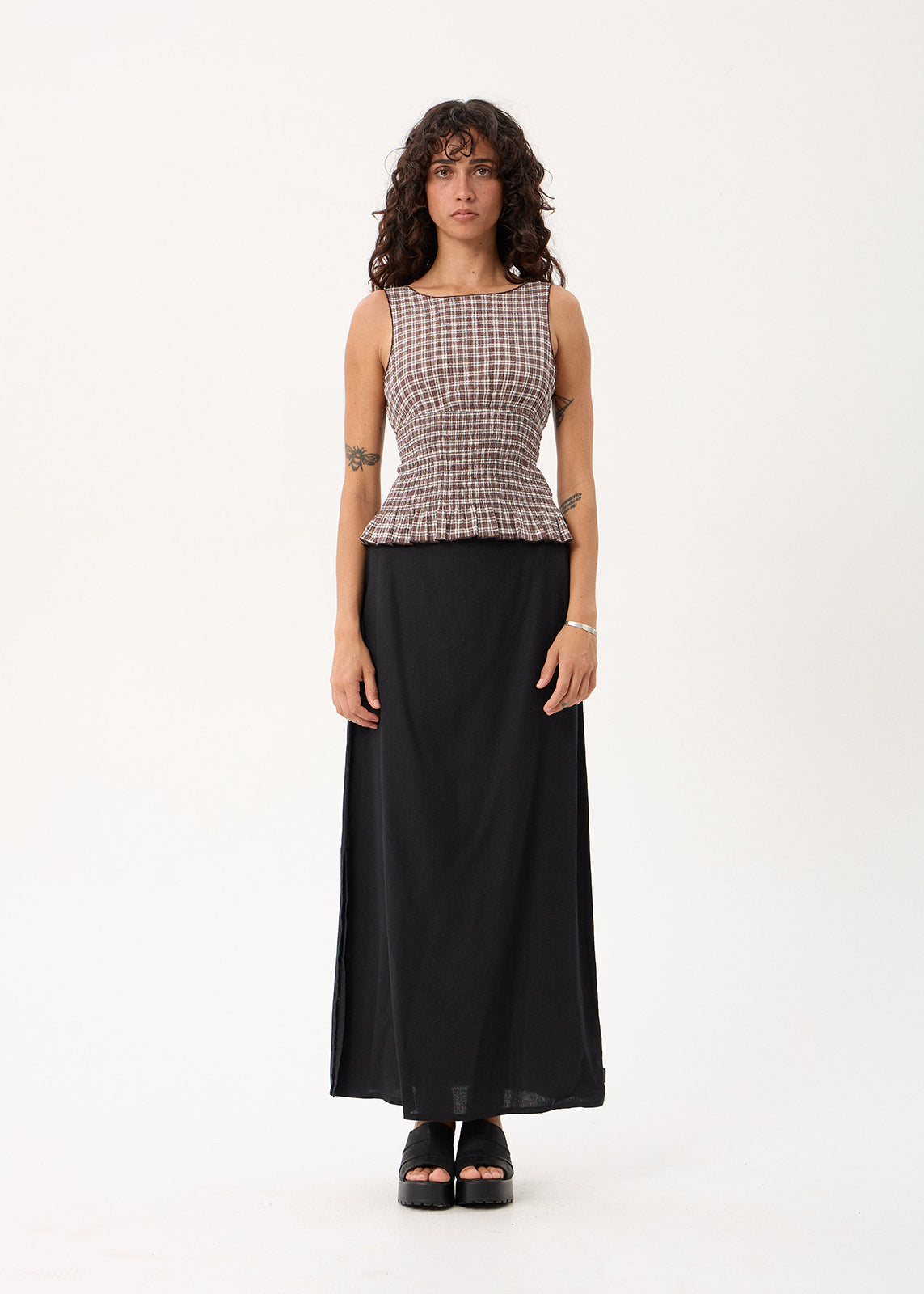 AFENDS Cedar - Seersucker Sleeveless Top - Base Coffee Check