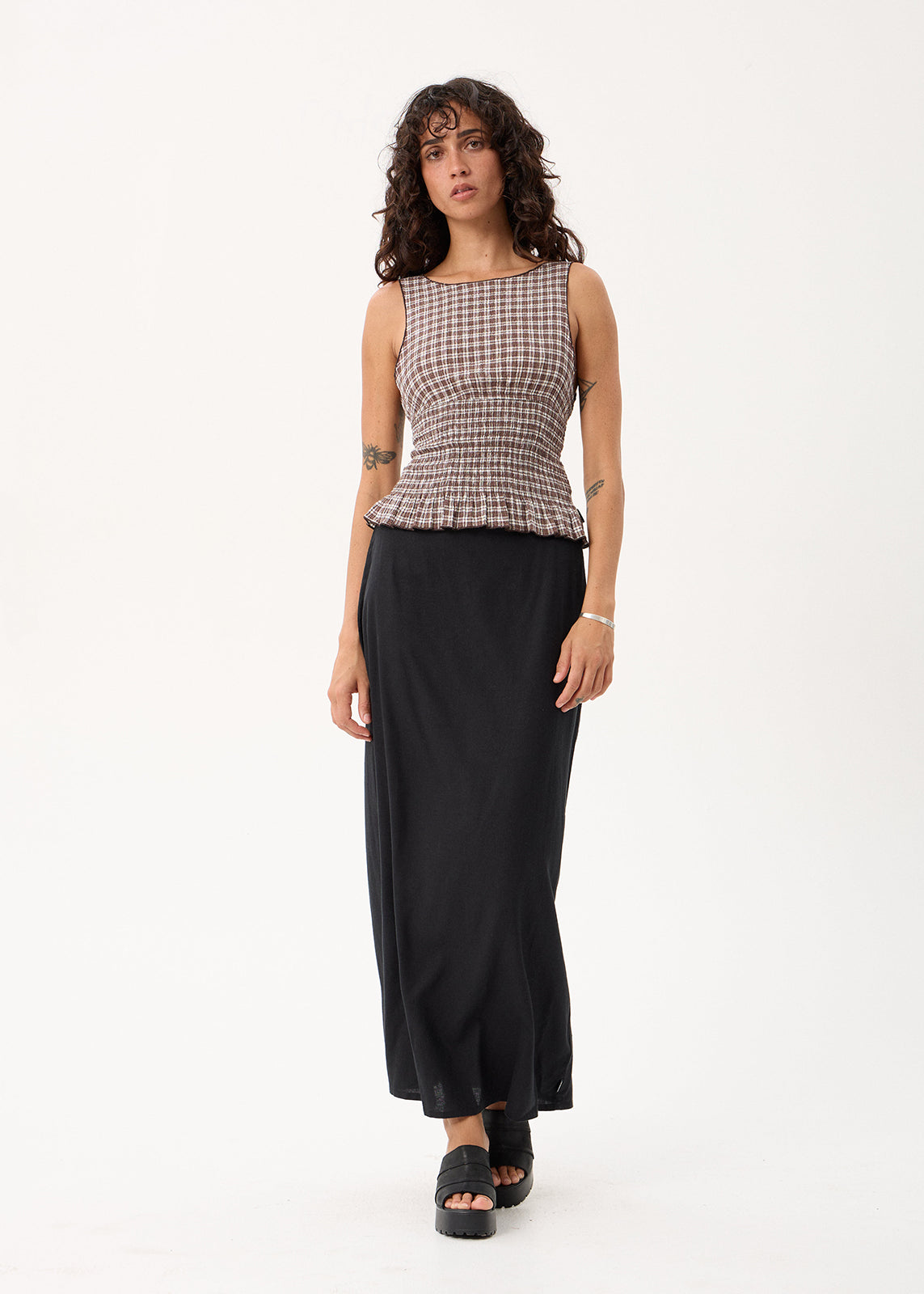 AFENDS Cedar - Seersucker Sleeveless Top - Base Coffee Check