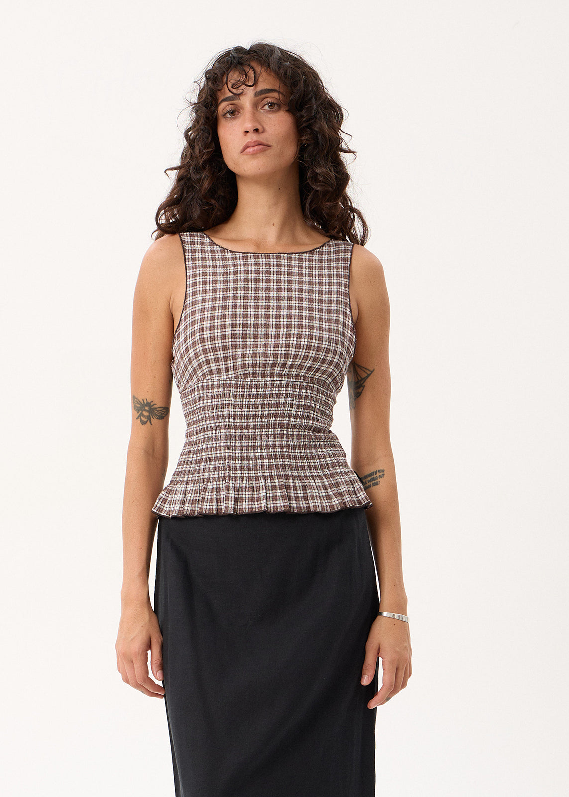 AFENDS Cedar - Seersucker Sleeveless Top - Base Coffee Check