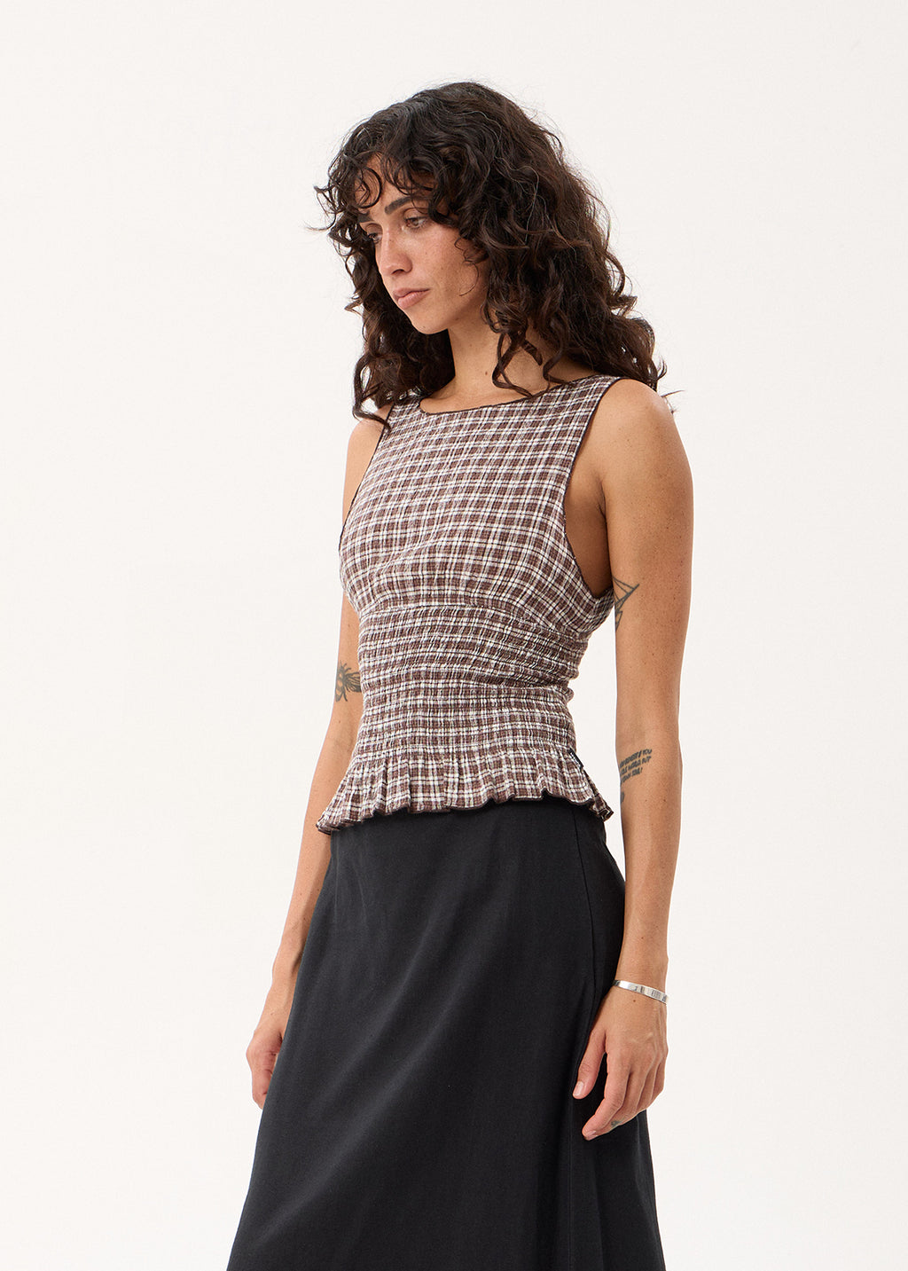 AFENDS Cedar - Seersucker Sleeveless Top - Base Coffee Check