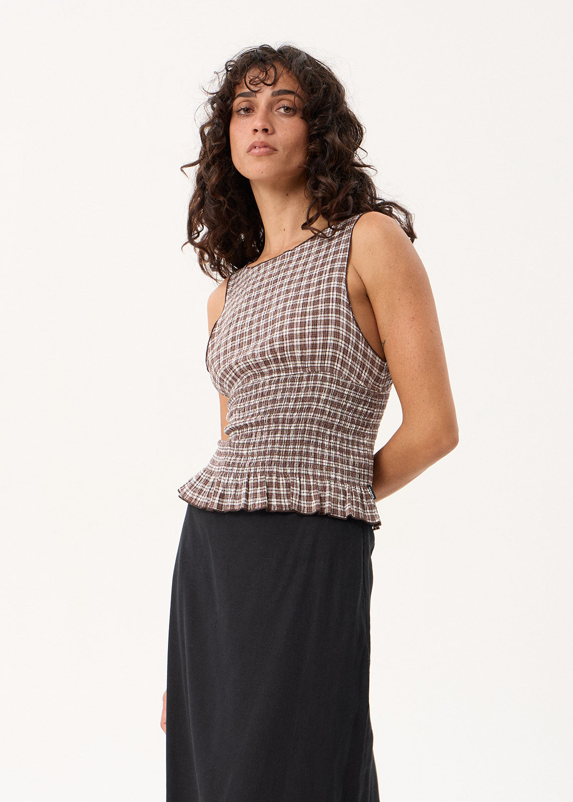 AFENDS Cedar - Seersucker Sleeveless Top - Base Coffee Check