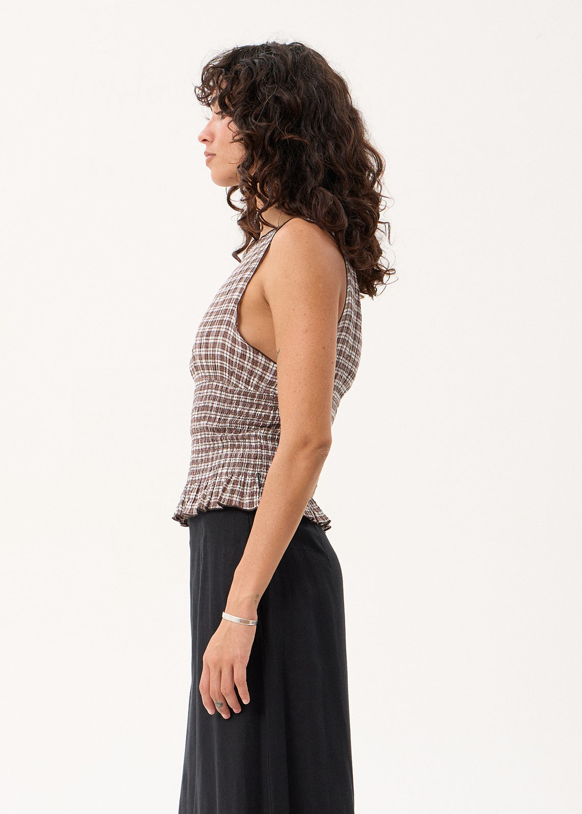 AFENDS Cedar - Seersucker Sleeveless Top - Base Coffee Check