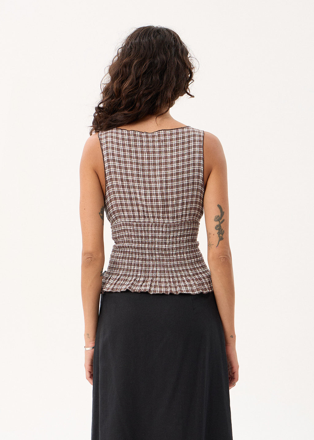 AFENDS Cedar - Seersucker Sleeveless Top - Base Coffee Check