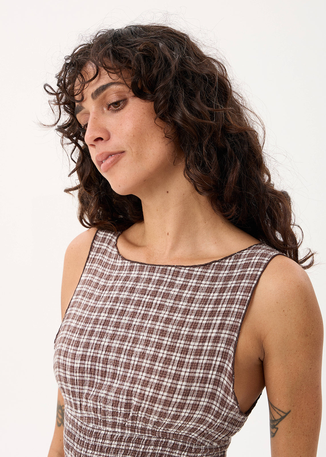 AFENDS Cedar - Seersucker Sleeveless Top - Base Coffee Check