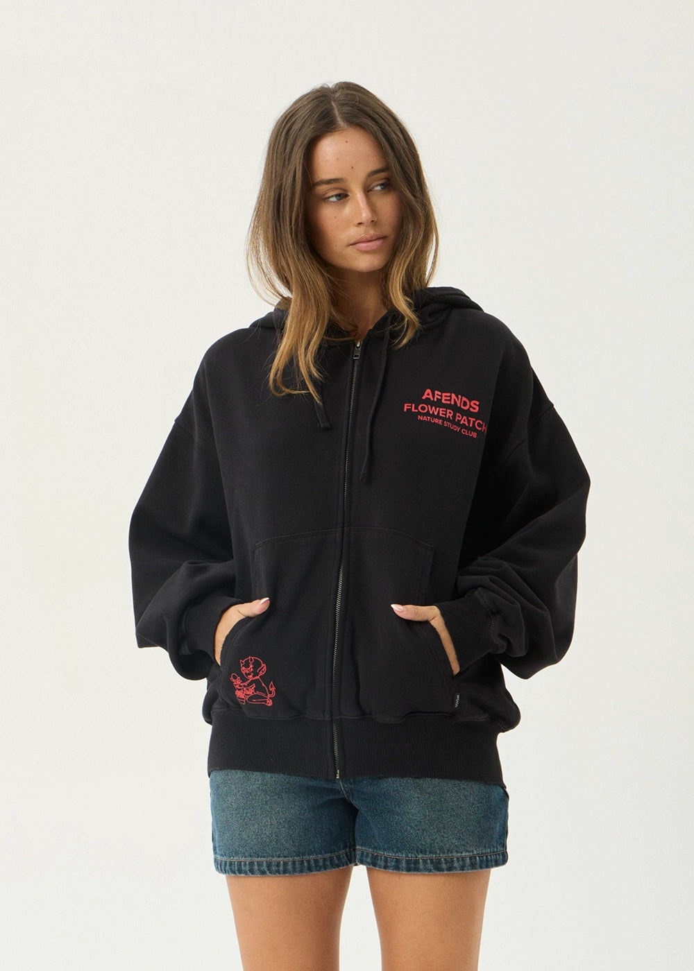 AFENDS Mens Flower Patch - Boxy Zip Hood - Stone Black