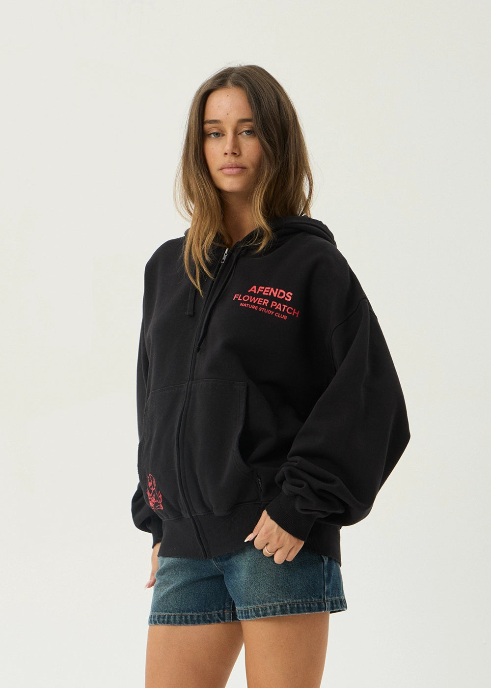 AFENDS Mens Flower Patch - Boxy Zip Hood - Stone Black