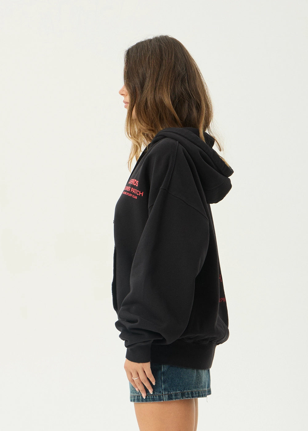 AFENDS Mens Flower Patch - Boxy Zip Hood - Stone Black