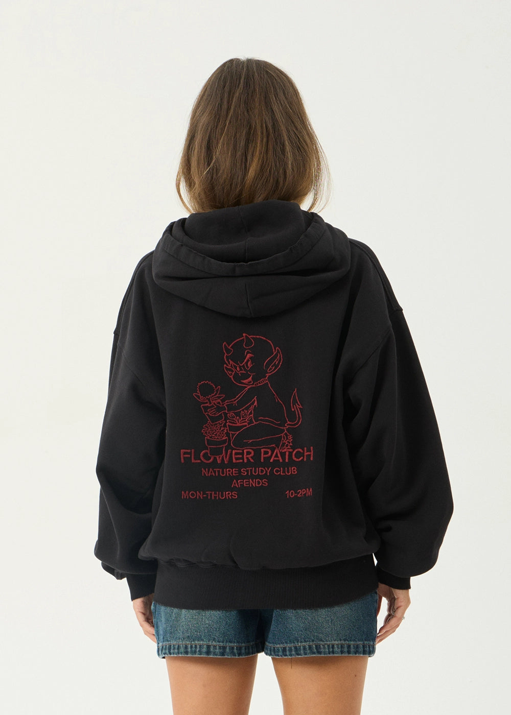 AFENDS Mens Flower Patch - Boxy Zip Hood - Stone Black