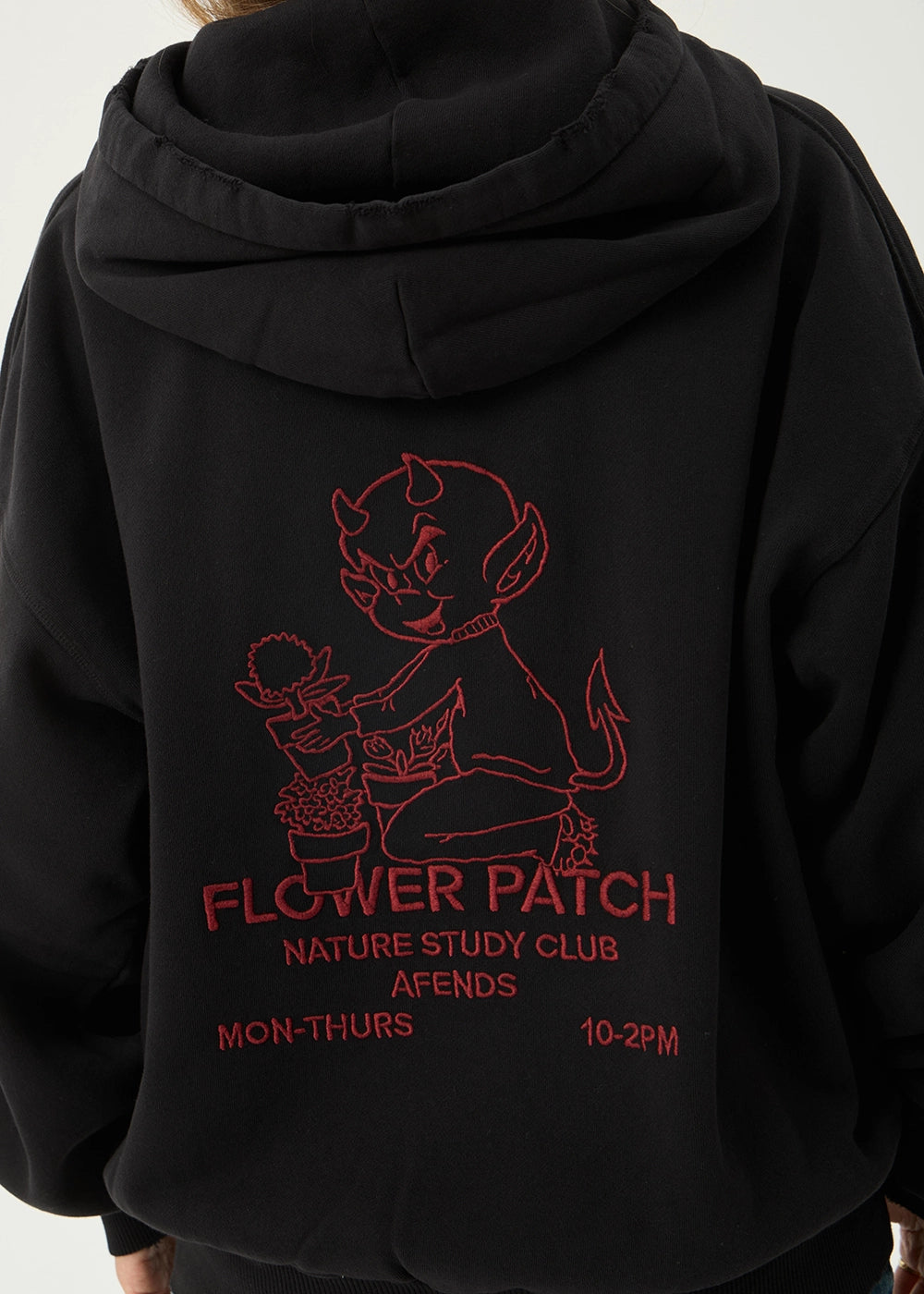 AFENDS Mens Flower Patch - Boxy Zip Hood - Stone Black