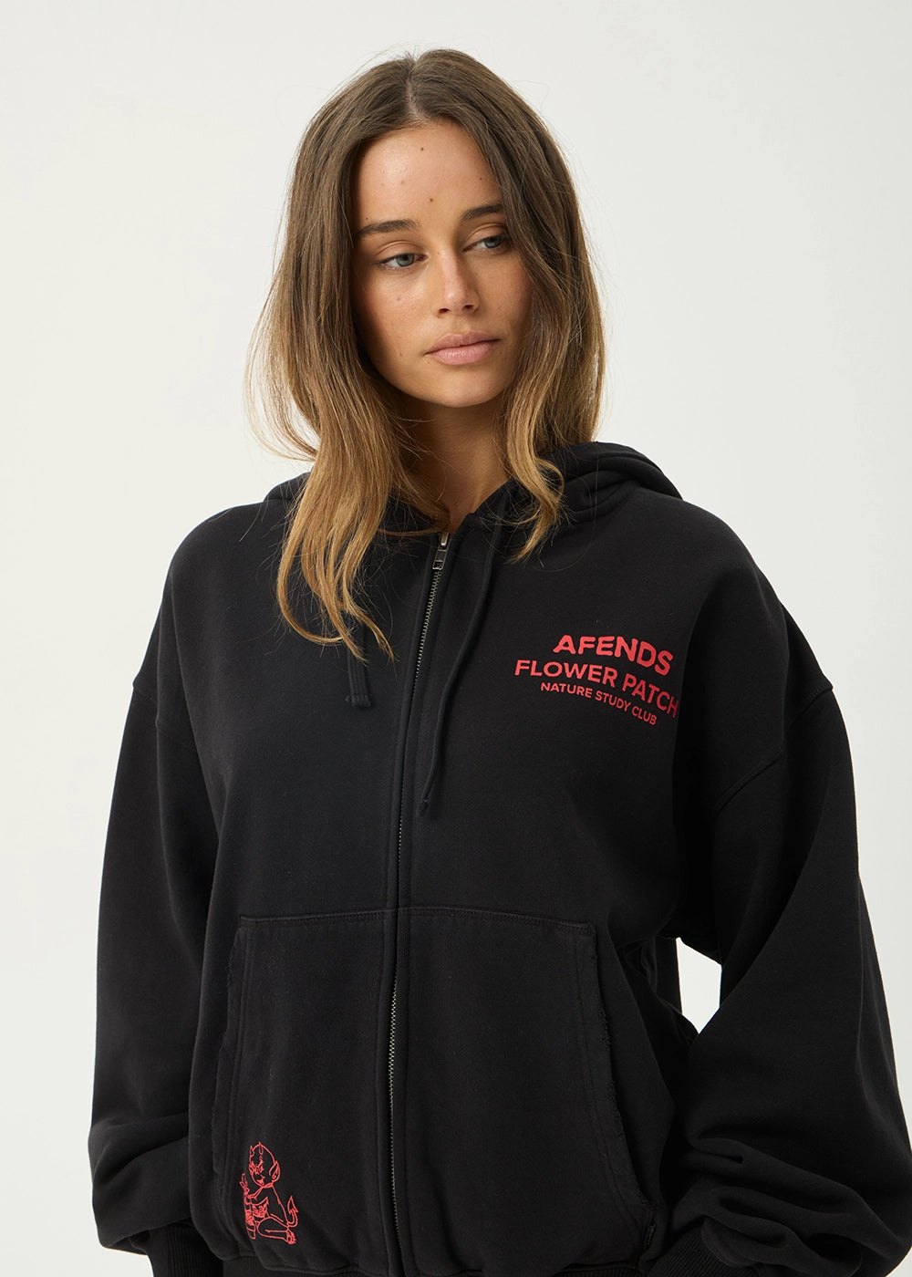 AFENDS Mens Flower Patch - Boxy Zip Hood - Stone Black