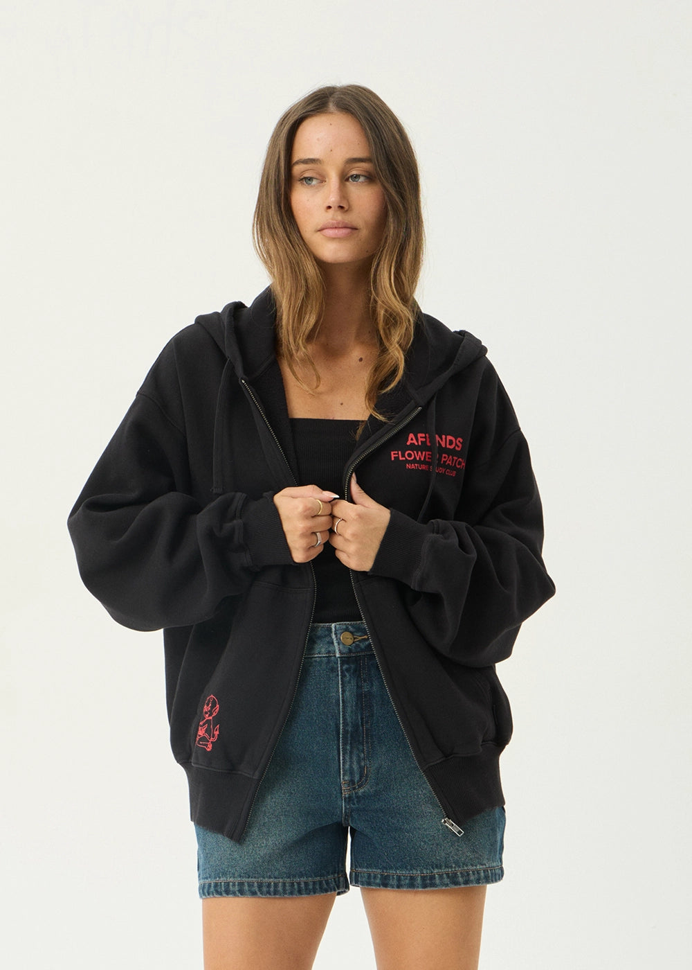 AFENDS Mens Flower Patch - Boxy Zip Hood - Stone Black