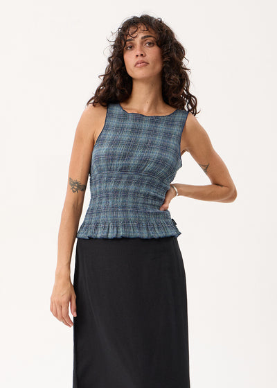 AFENDS Cedar - Seersucker Sleeveless Top - Navy Check