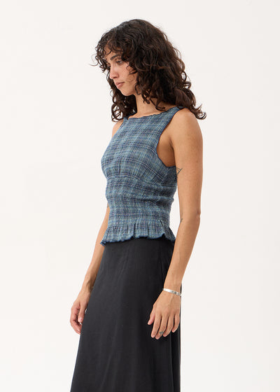 AFENDS Cedar - Seersucker Sleeveless Top - Navy Check