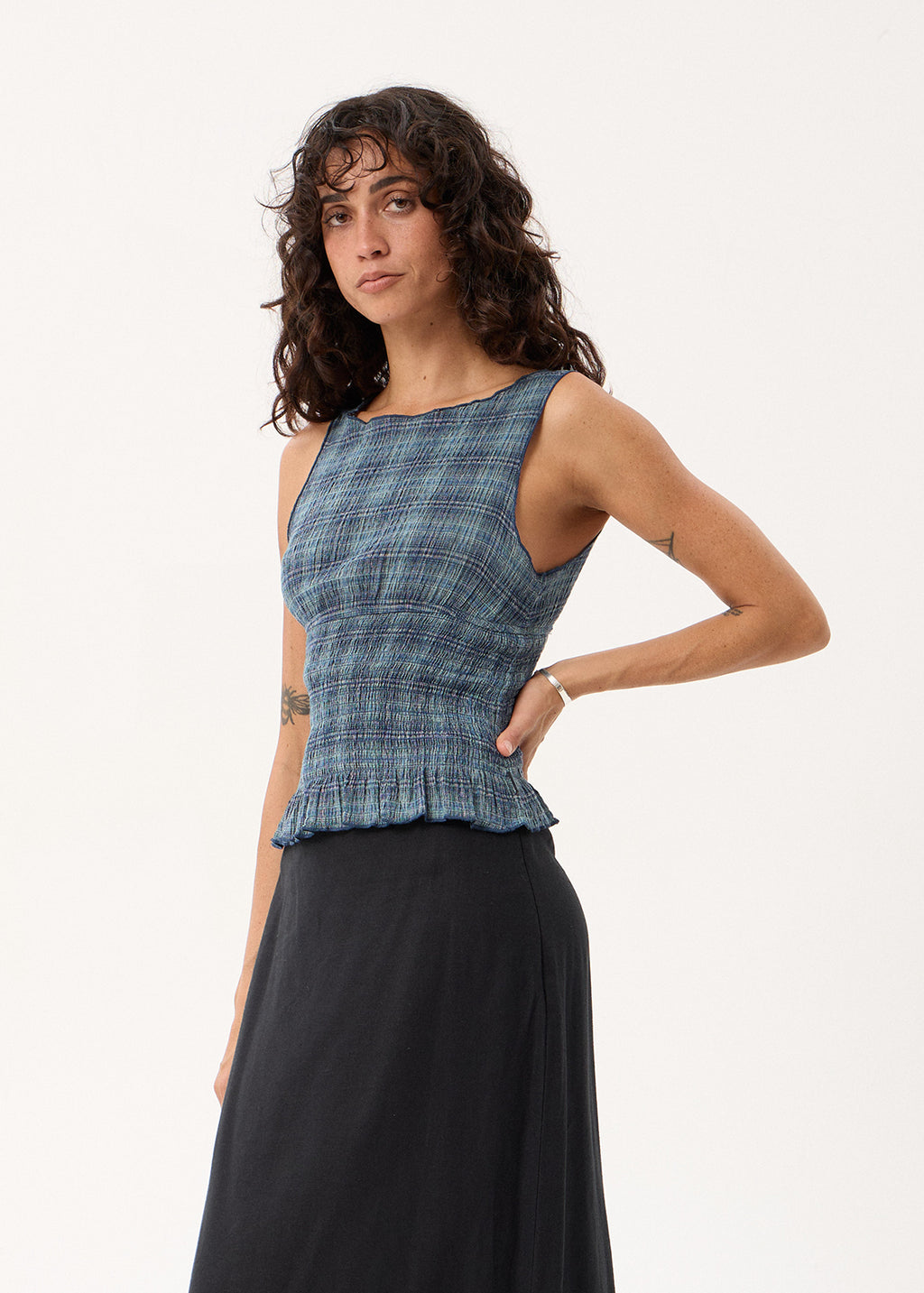AFENDS Cedar - Seersucker Sleeveless Top - Navy Check