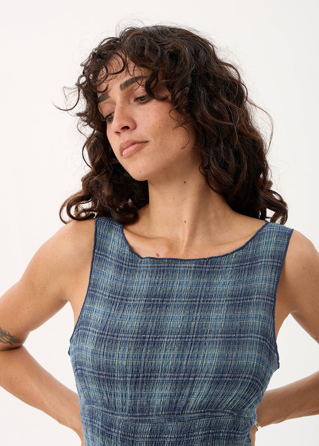 AFENDS Cedar - Seersucker Sleeveless Top - Navy Check