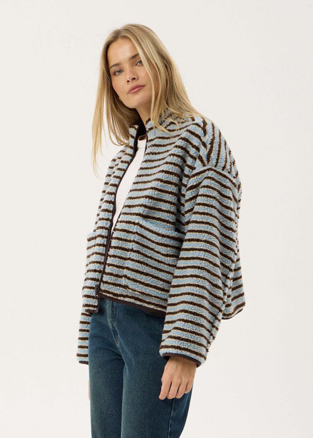 AFENDS Womens Berlin - Reversible Polar Fleece Jacket - Coffee / Blue Stripe