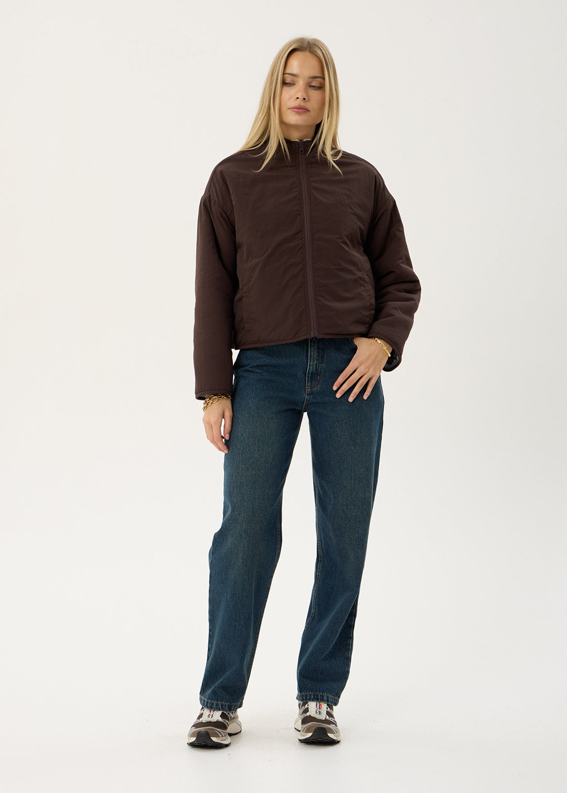 AFENDS Womens Berlin - Reversible Polar Fleece Jacket - Coffee / Blue Stripe