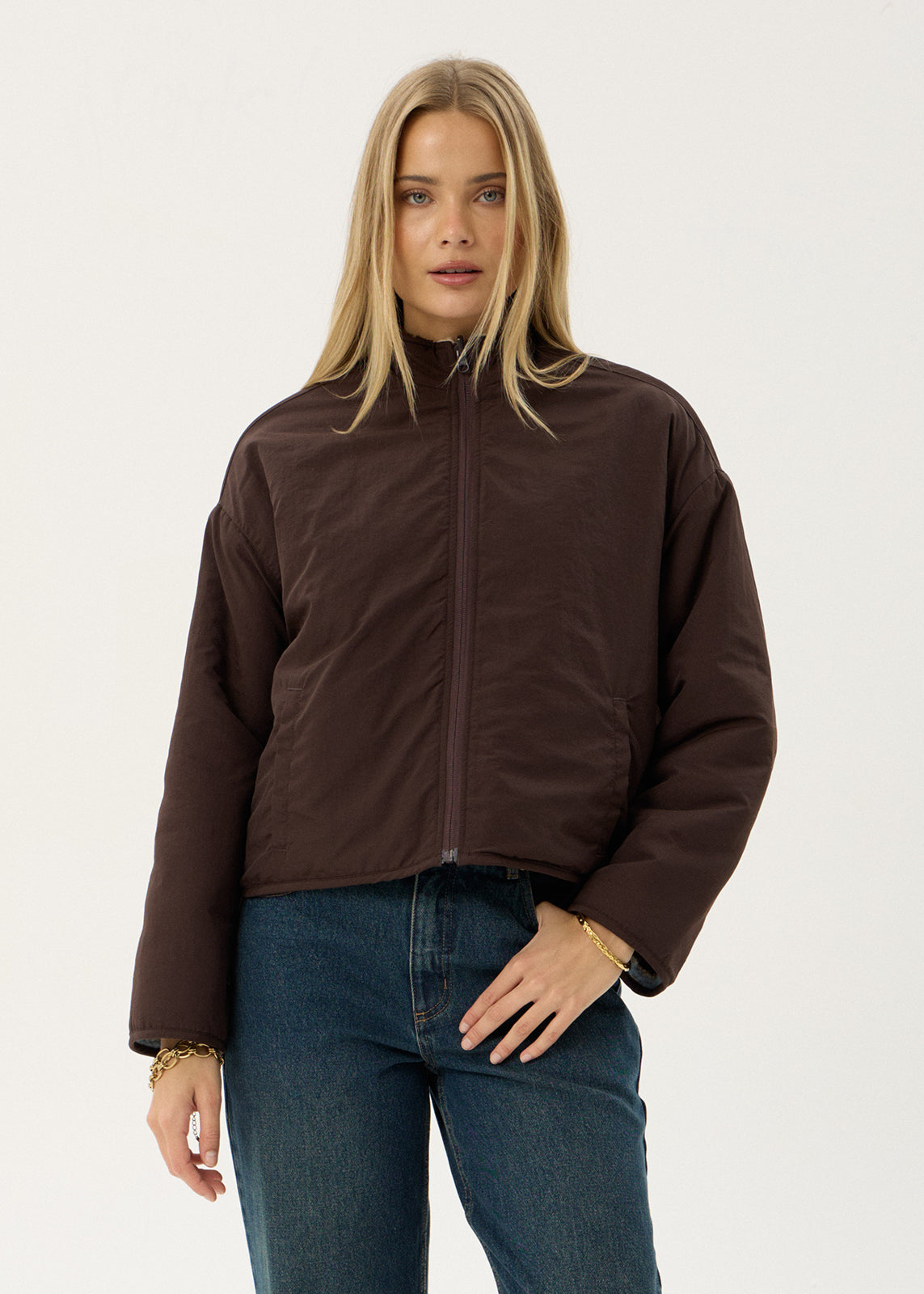 AFENDS Womens Berlin - Reversible Polar Fleece Jacket - Coffee / Blue Stripe