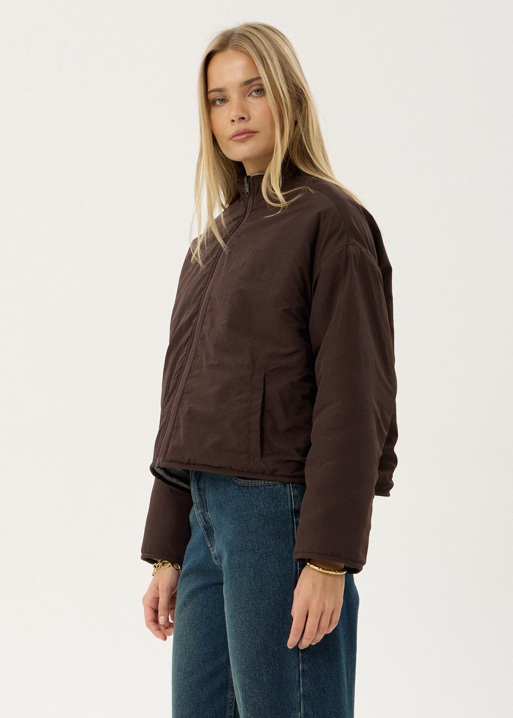 AFENDS Womens Berlin - Reversible Polar Fleece Jacket - Coffee / Blue Stripe