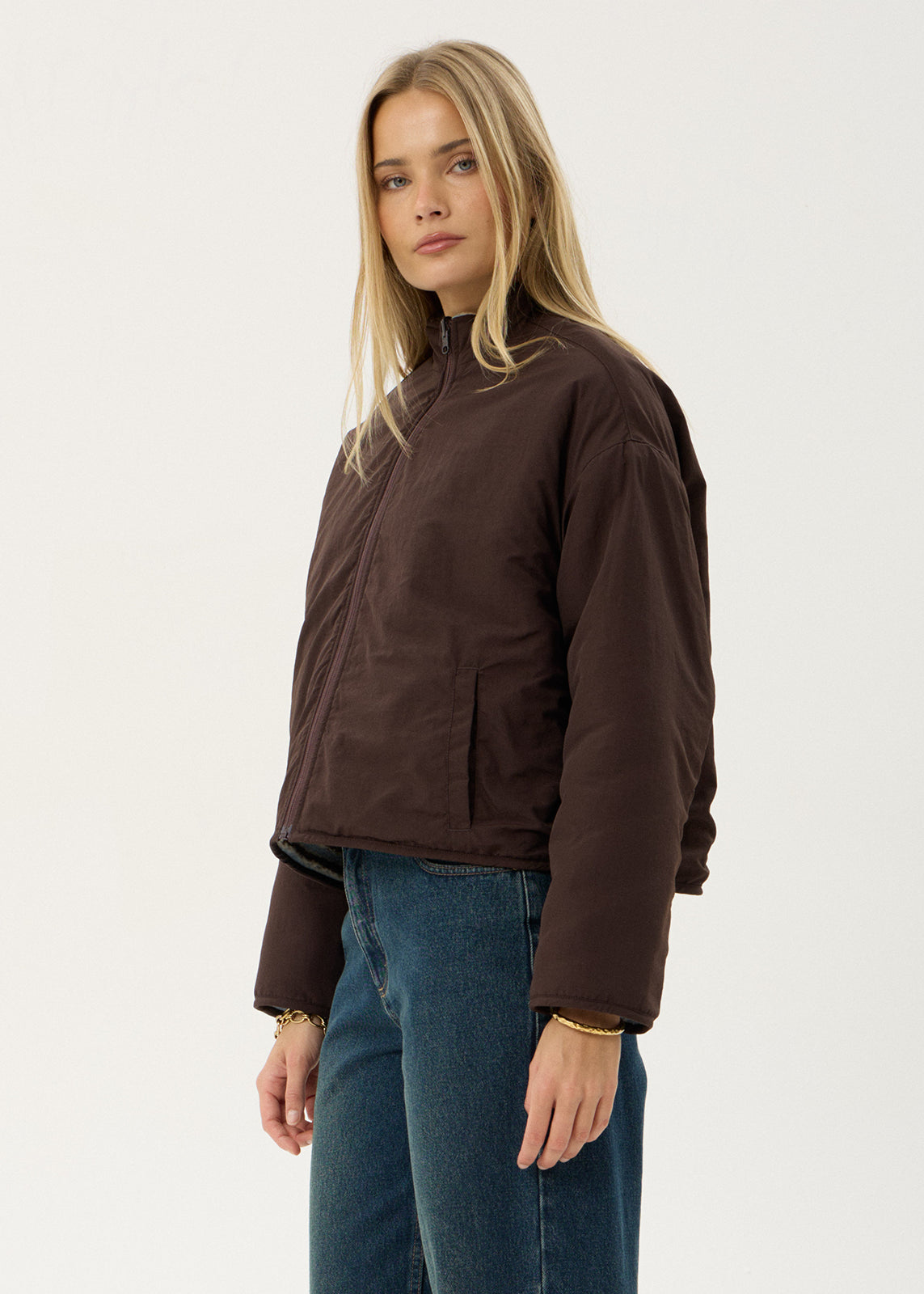 AFENDS Womens Berlin - Reversible Polar Fleece Jacket - Coffee / Blue Stripe