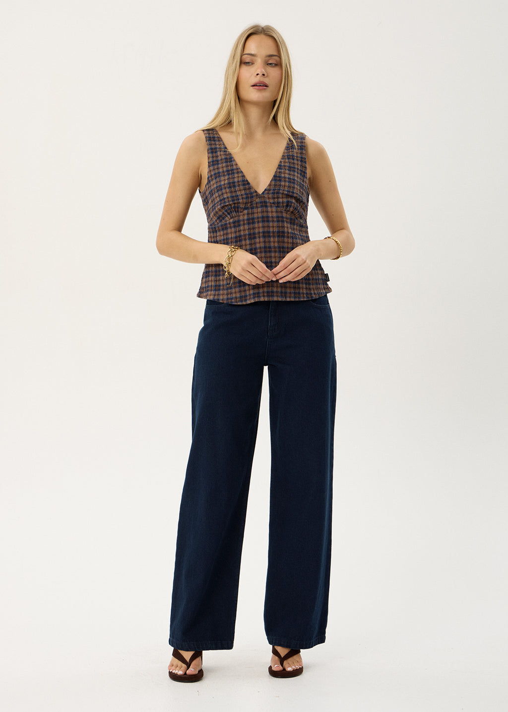 AFENDS Womens Giselle - Seersucker Top - Shev Indigo Check