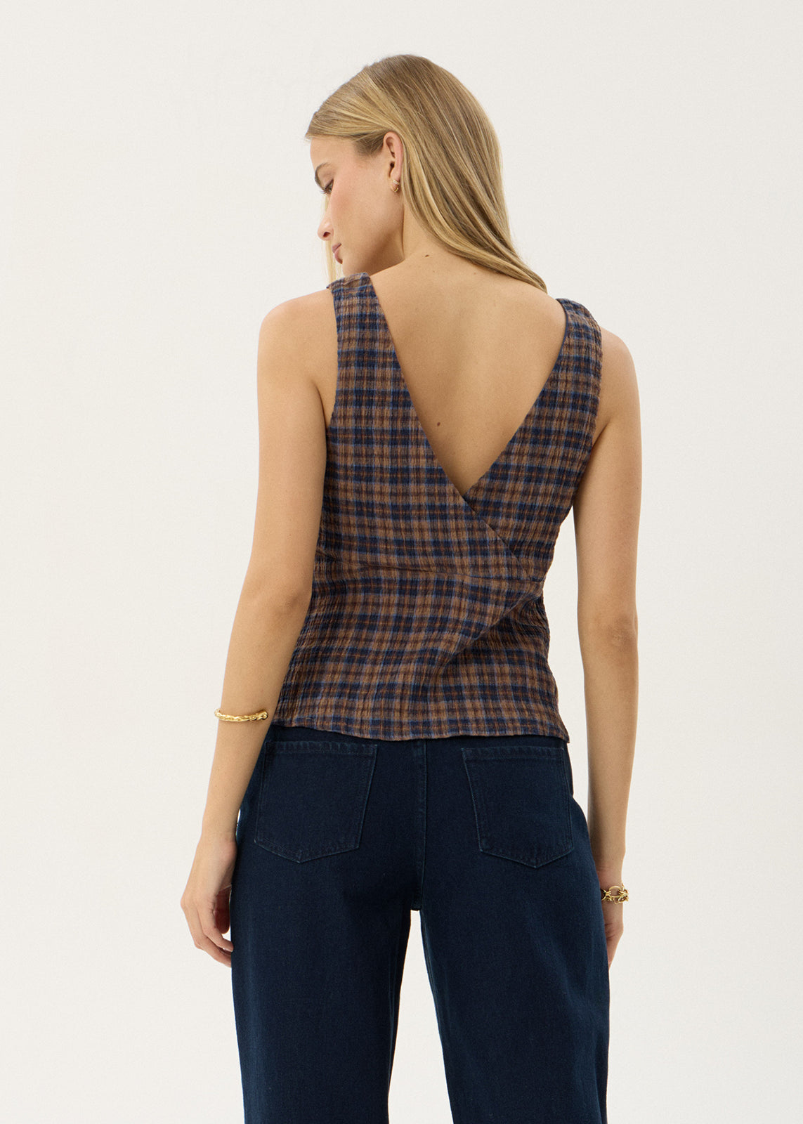 AFENDS Womens Giselle - Seersucker Top - Shev Indigo Check