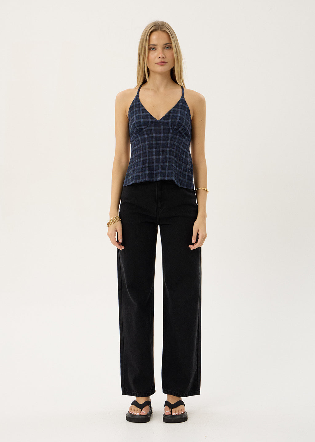 AFENDS Womens Etta - Strappy Seersucker Top - Thea Midnight Check