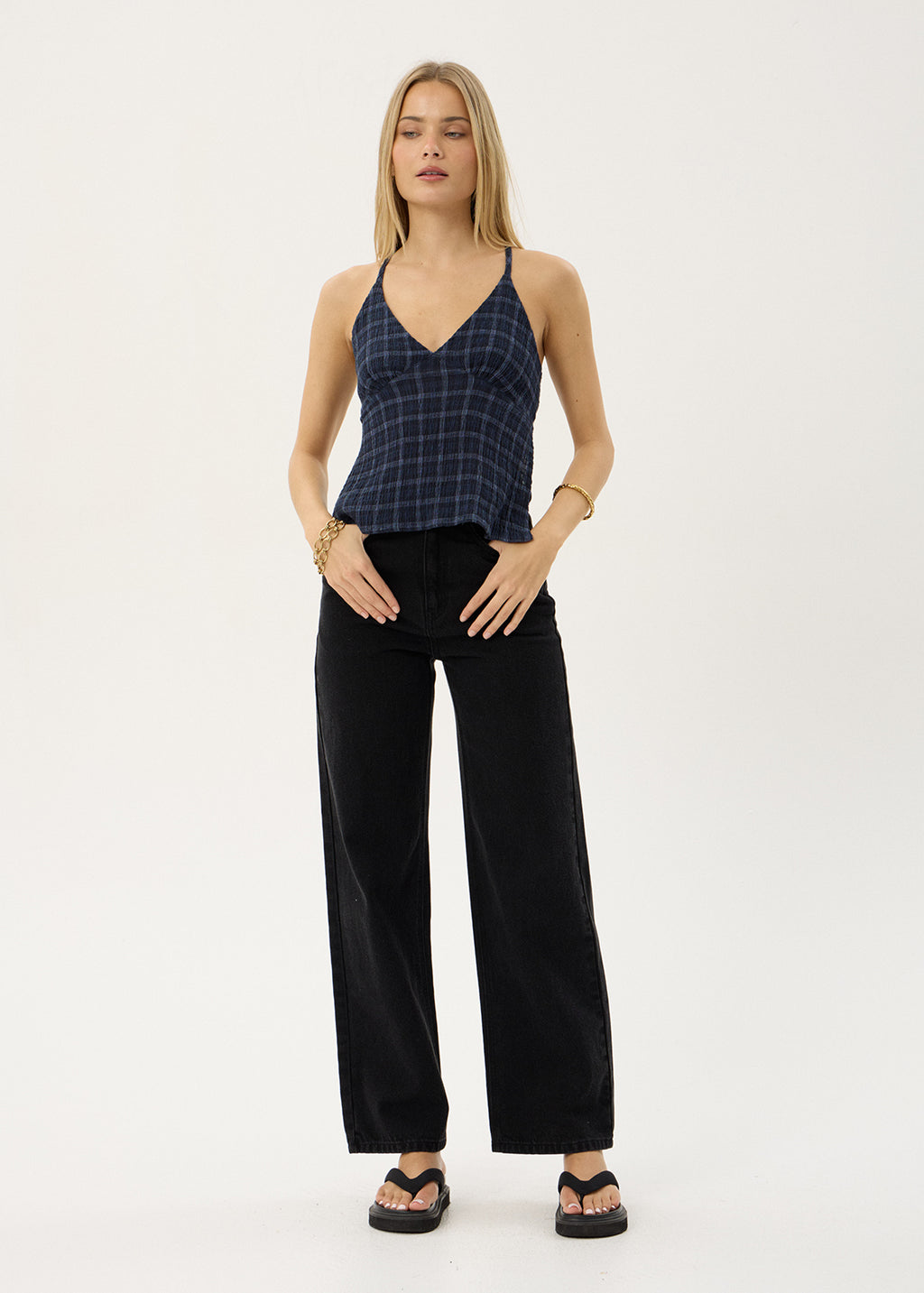 AFENDS Womens Etta - Strappy Seersucker Top - Thea Midnight Check