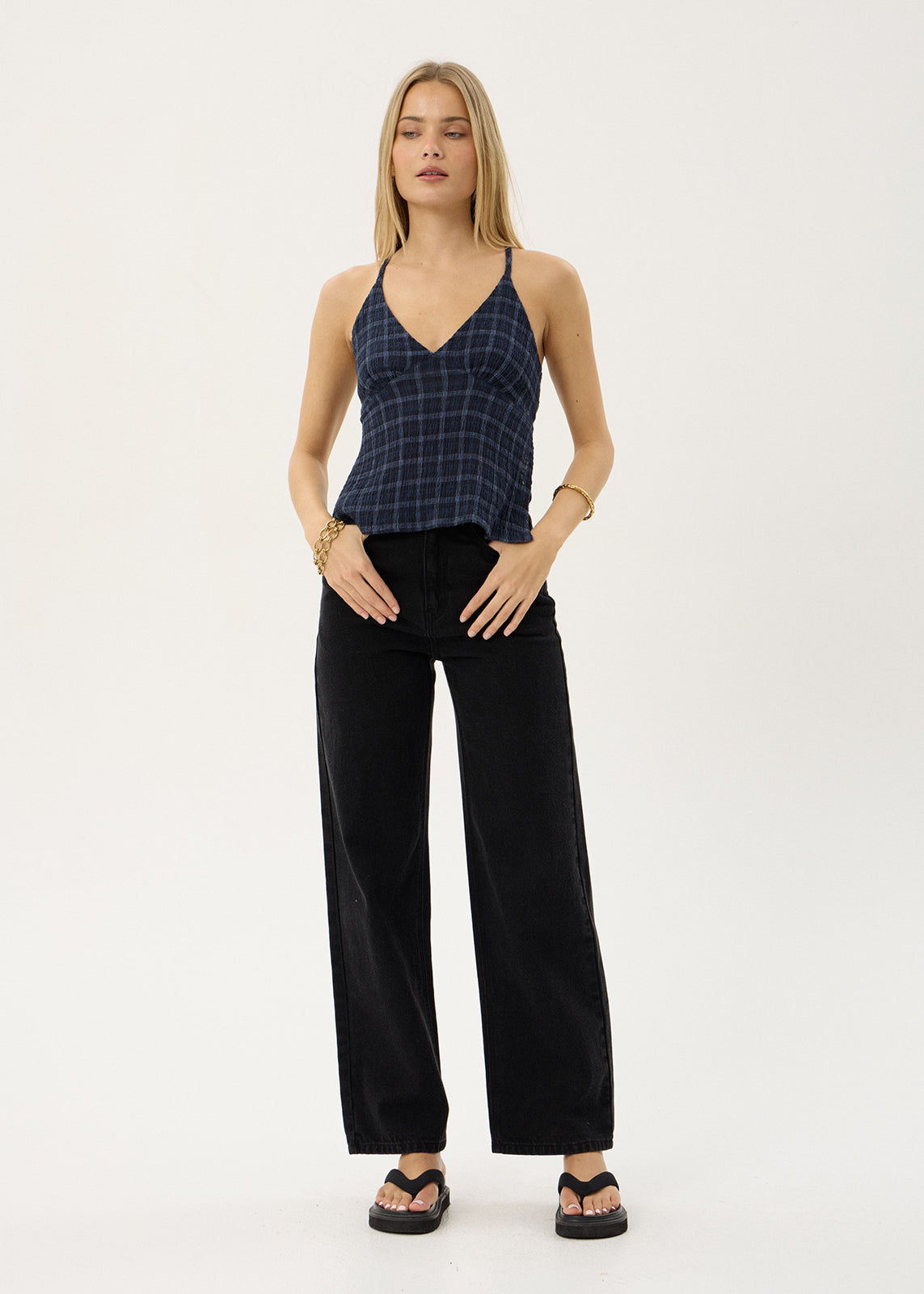 AFENDS Womens Etta - Strappy Seersucker Top - Thea Midnight Check