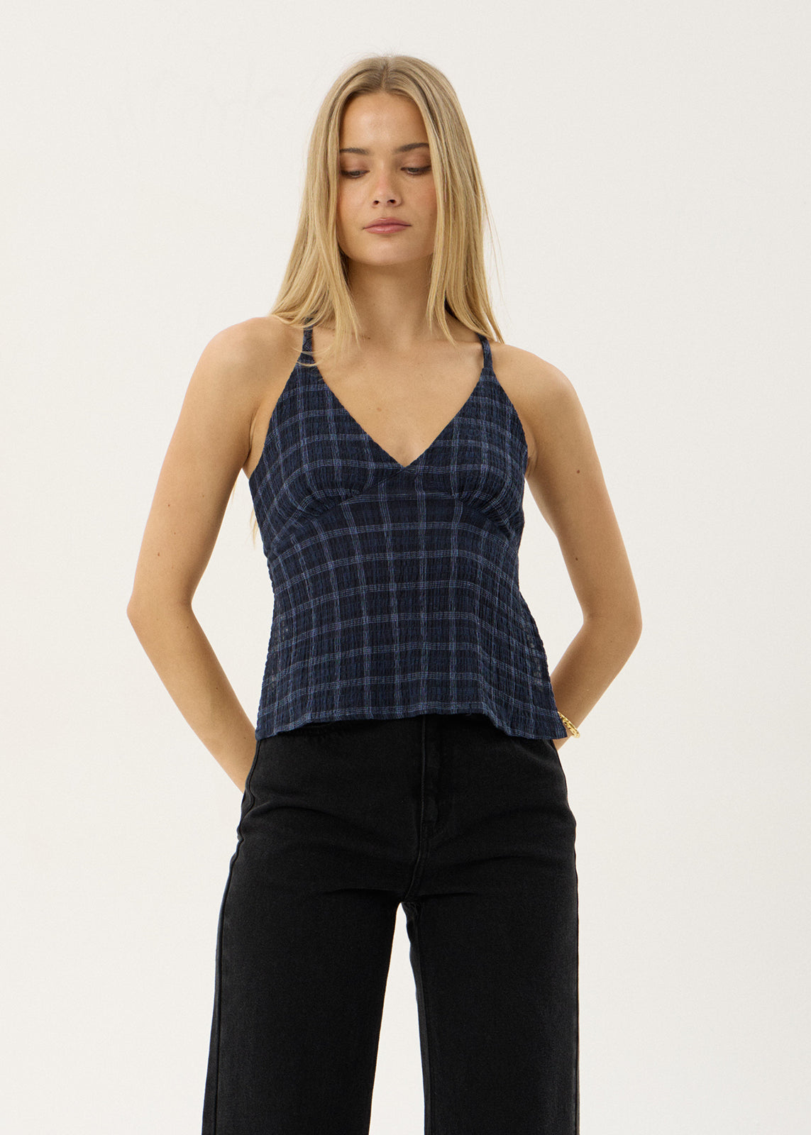 AFENDS Womens Etta - Strappy Seersucker Top - Thea Midnight Check