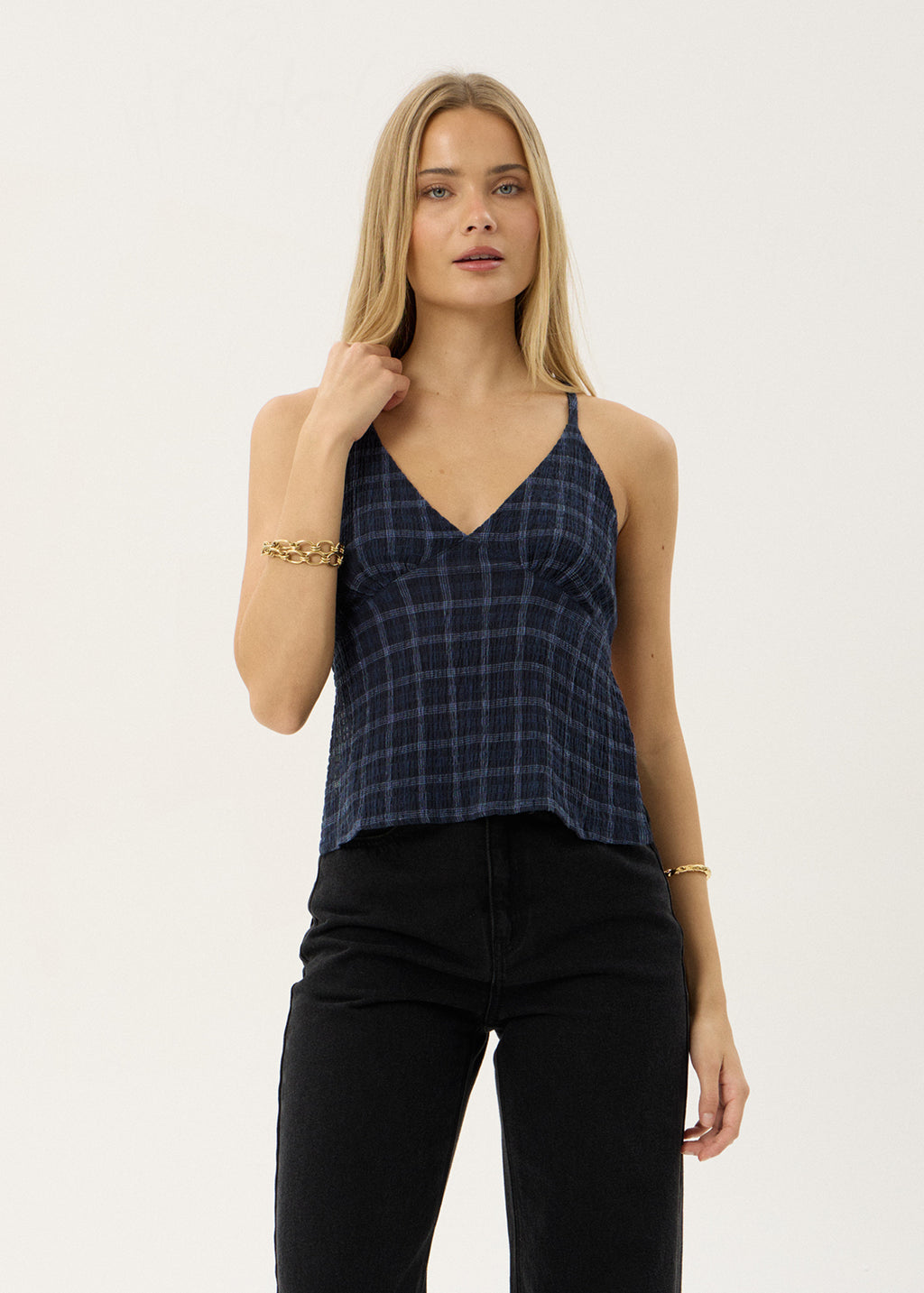 AFENDS Womens Etta - Strappy Seersucker Top - Thea Midnight Check