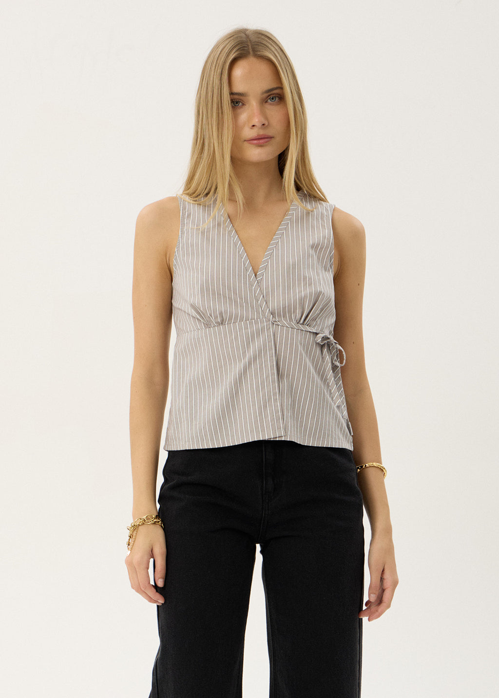AFENDS Womens Tiara - Wrap Top - Olive Stripe