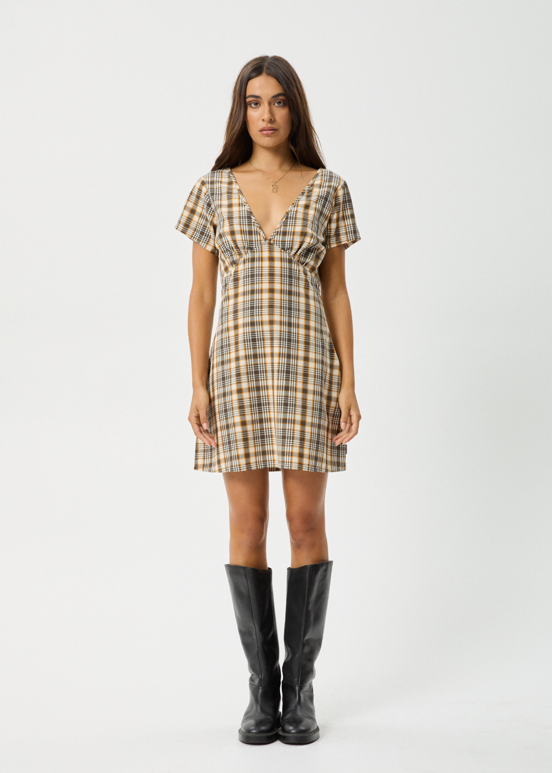 AFENDS Womens Check Out - Tea Dress - Moonbeam Check 