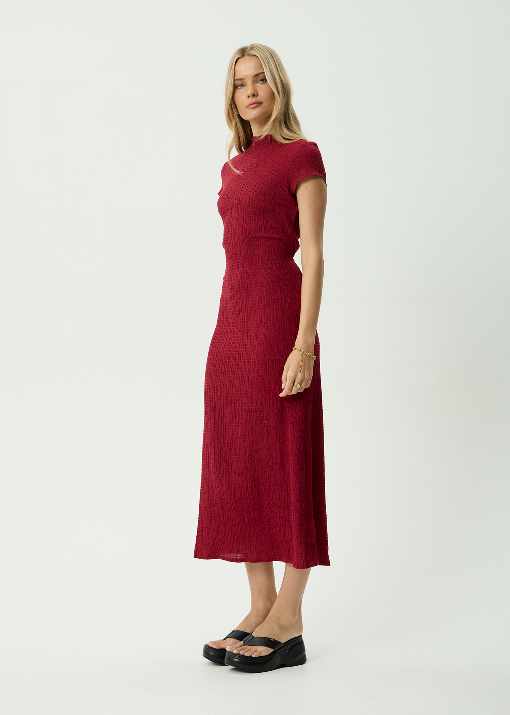 AFENDS Womens Elodie - Seersucker Midi Dress - Burgundy