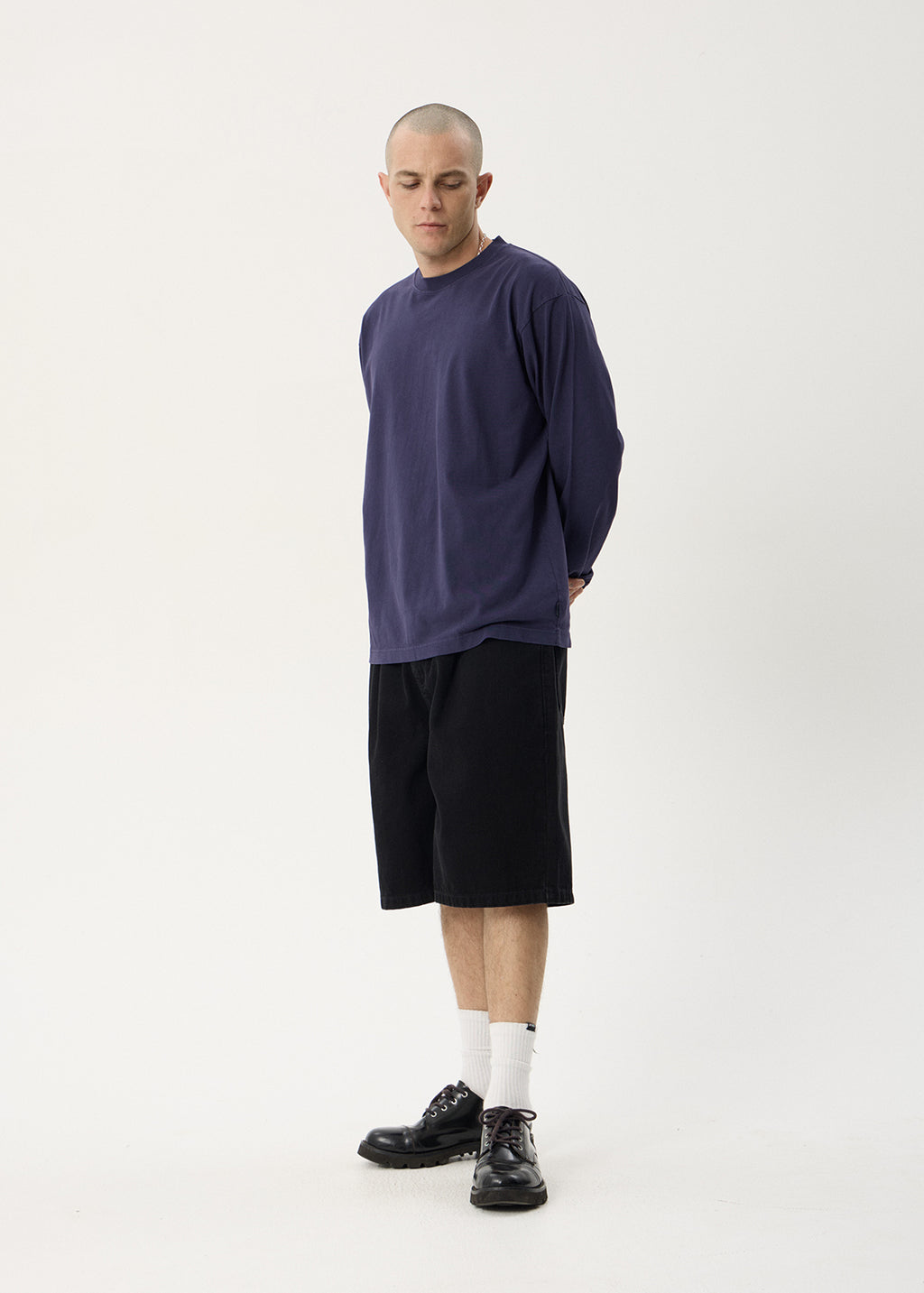 AFENDS Mens Genesis - Boxy Long Sleeve Tee - Washed Deep Sea