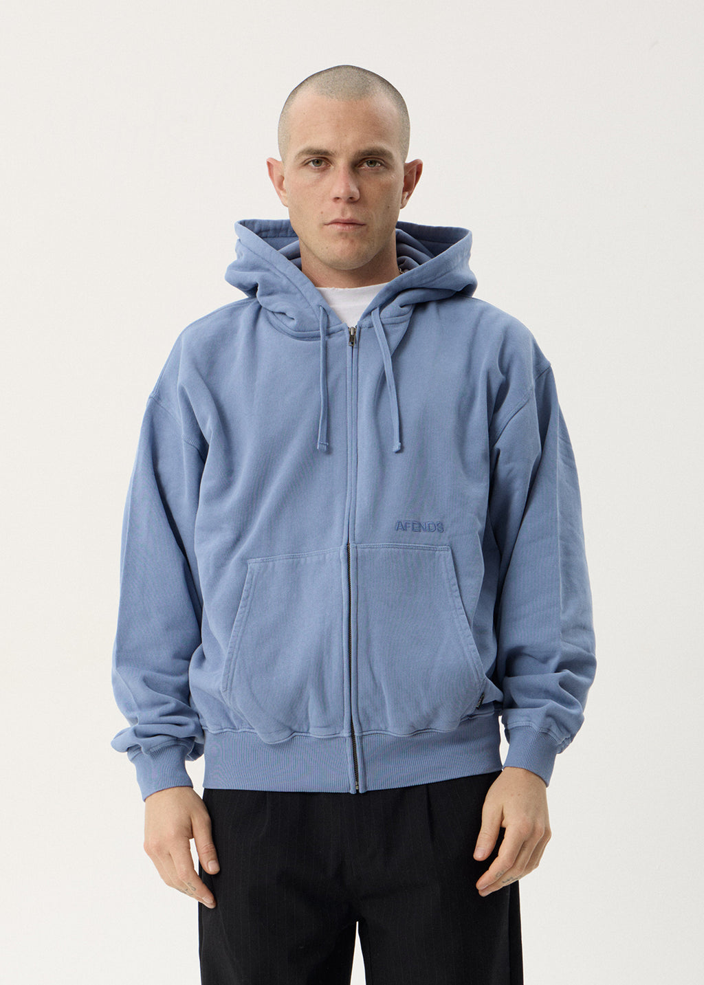 AFENDS Mens Genesis - Boxy Zip Hood - Washed Slate Blue