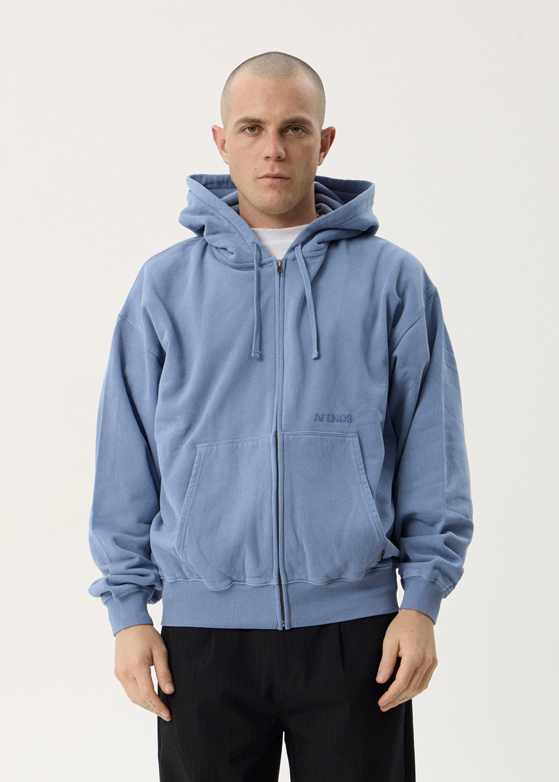 AFENDS Mens Genesis - Boxy Zip Hood - Washed Slate Blue
