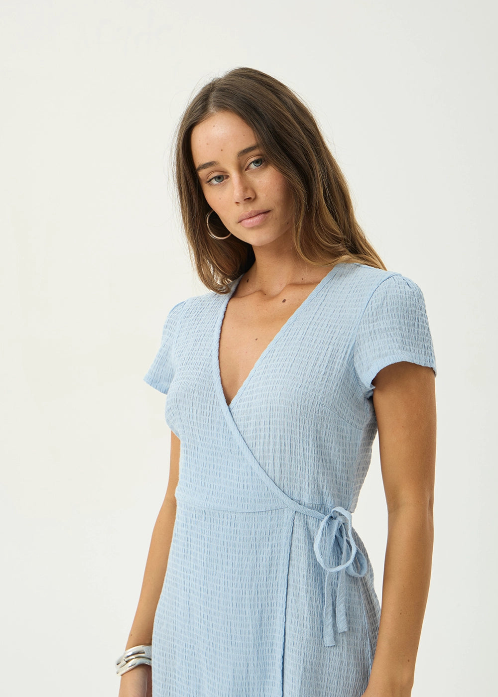AFENDS Womens Farah - Seersucker Mini Wrap Dress - Blue
