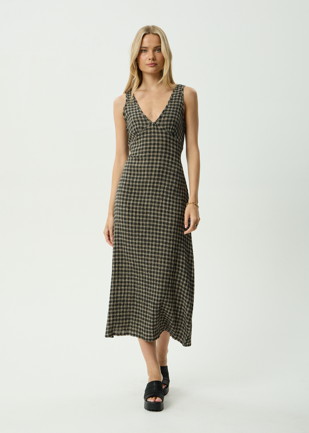 AFENDS Womens Tully - Seersucker Maxi Dress - Tan / Olive Check