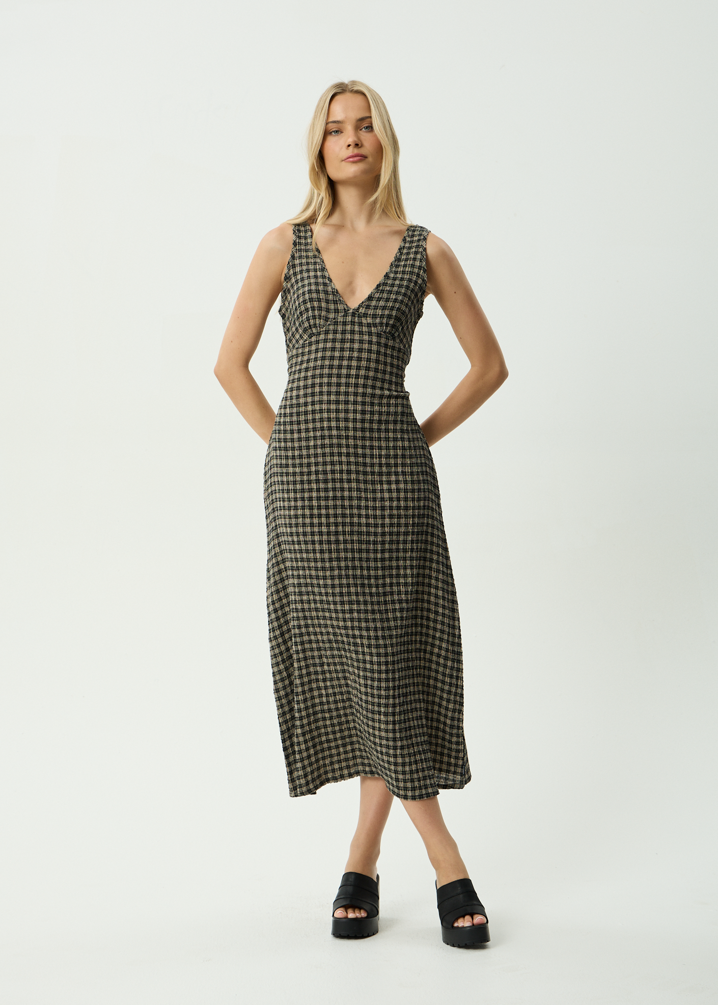 AFENDS Womens Tully - Seersucker Maxi Dress - Tan / Olive Check