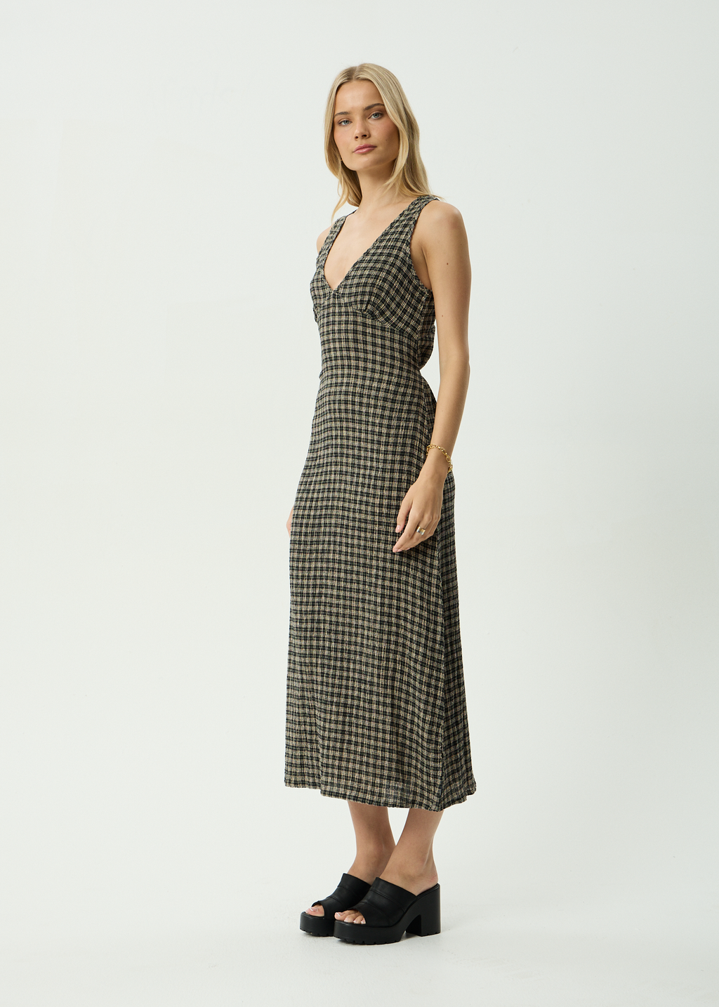 AFENDS Womens Tully - Seersucker Maxi Dress - Tan / Olive Check