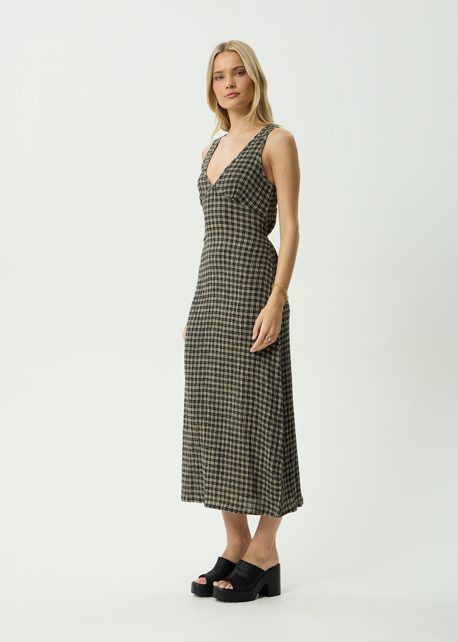 AFENDS Womens Tully - Seersucker Maxi Dress - Tan / Olive Check