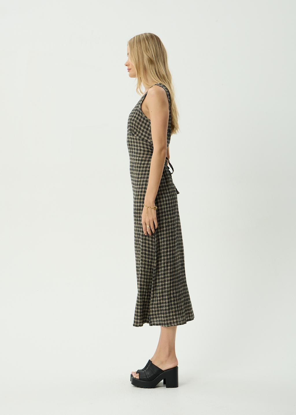 AFENDS Womens Tully - Seersucker Maxi Dress - Tan / Olive Check