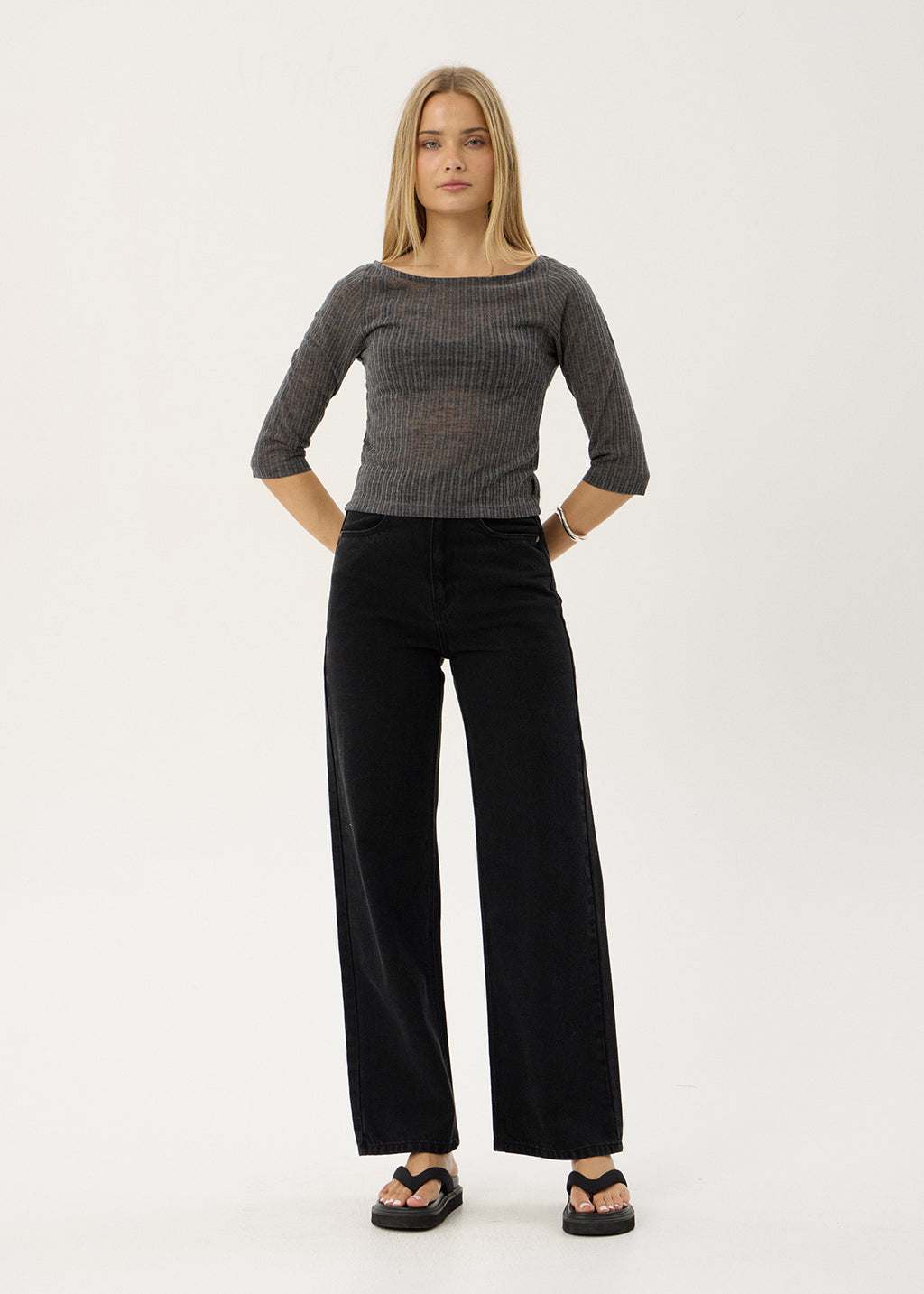 AFENDS Womens Libra - 3/4 Sleeve Top - Charcoal