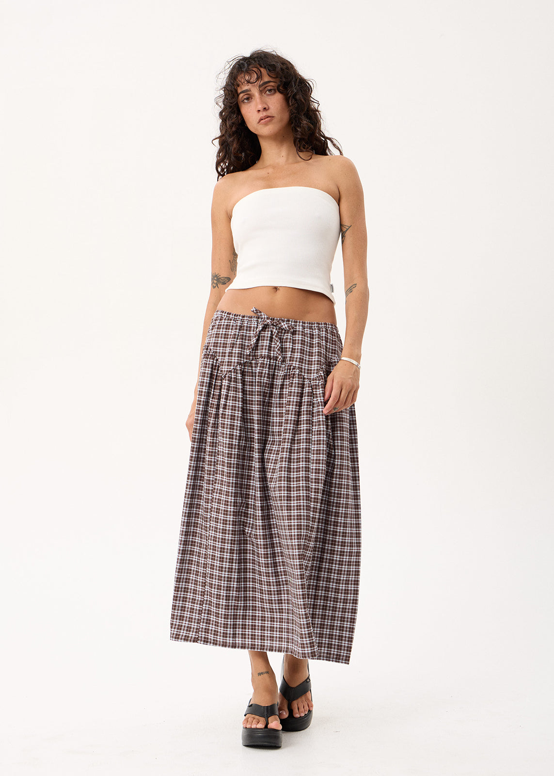 AFENDS Marlow - Midi Skirt - Brown / Blue Check